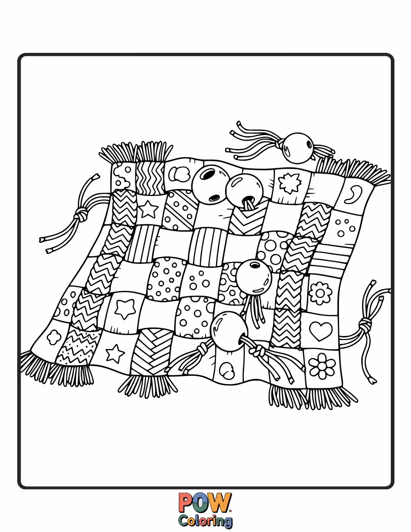 Free coloring page of A playful blanket design inspired by woven friendship bracelets, with intricate patterns and colorful strands.