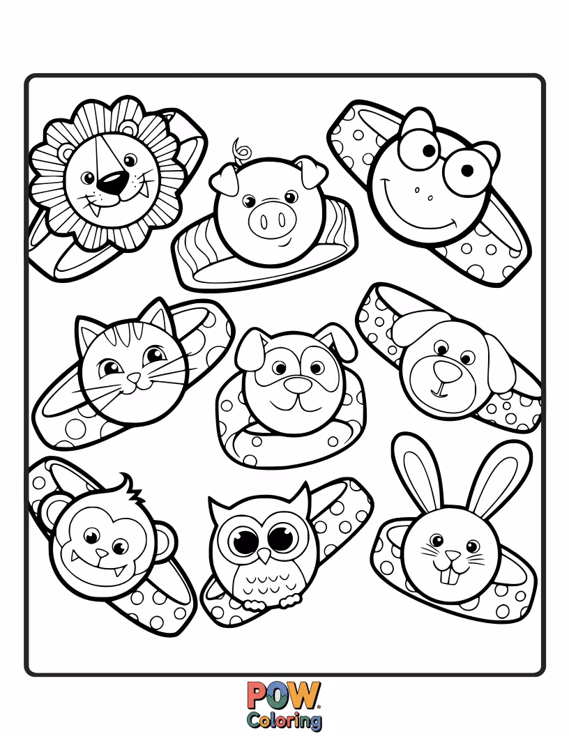 Free coloring page of Little cartoon animals with silly expressions are strung together on a bracelet. A playful and humorous design.