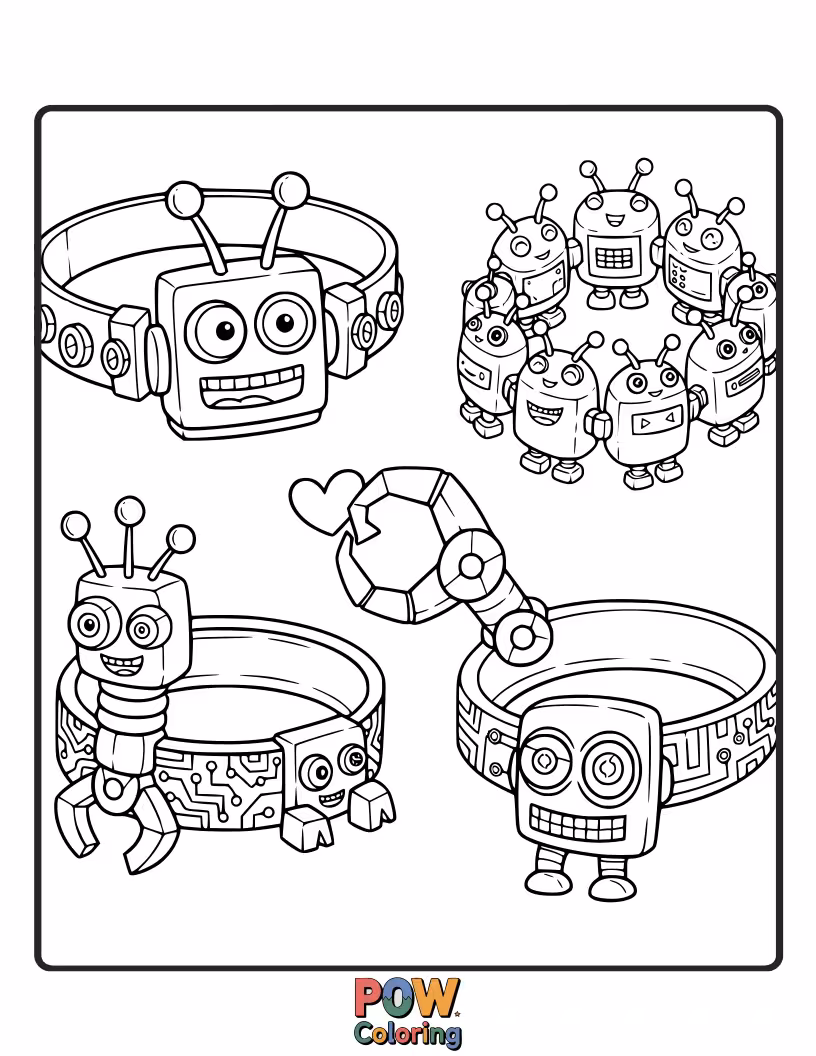 Free coloring page of Cute, boxy robots with friendly antennas are strung together for a playful and unique bracelet. Future fun.