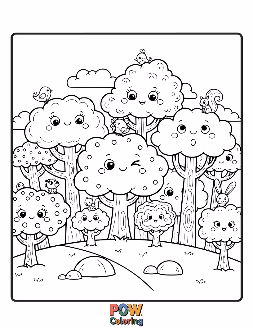 Free coloring page of Trees with soft, fuzzy textures depicted by gentle, rounded lines, inviting a comforting touch.