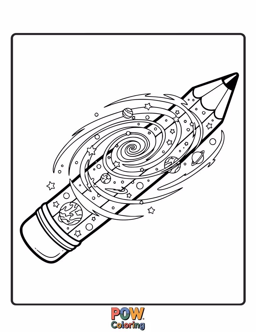 Free coloring page of A breathtaking pencil with a swirling galaxy pattern, perfect for creating cosmic scenes and starry-eyed art.