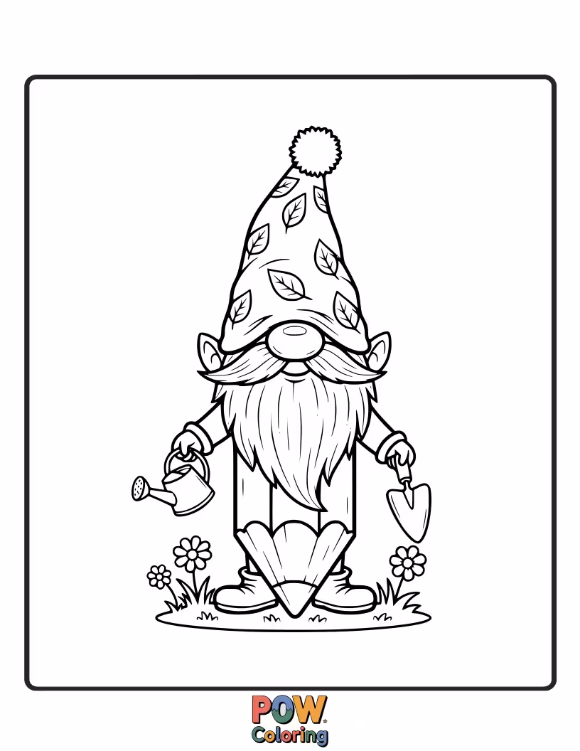 Free coloring page of A whimsical garden gnome diligently sharpening a oversized pencil amidst colorful mushrooms and flowers. A touch of fantasy awaits!