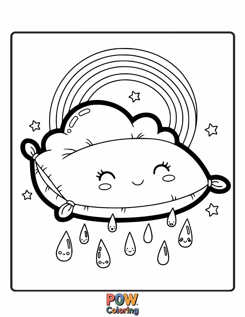 Free coloring page of A pillow with soft raindrops gently falling upon it. Color the calming rhythm of this tranquil scene.