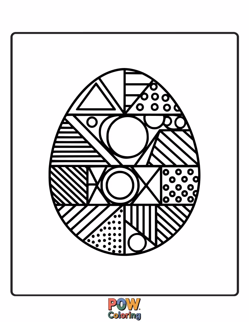 Free coloring page of An egg intricately patterned with clean geometric shapes like triangles, squares, and circles, offering a modern artistic challenge.
