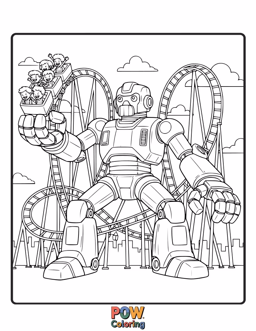 Free coloring page of A colossal robot forms this incredible roller coaster, offering thrilling twists and turns through a cityscape.