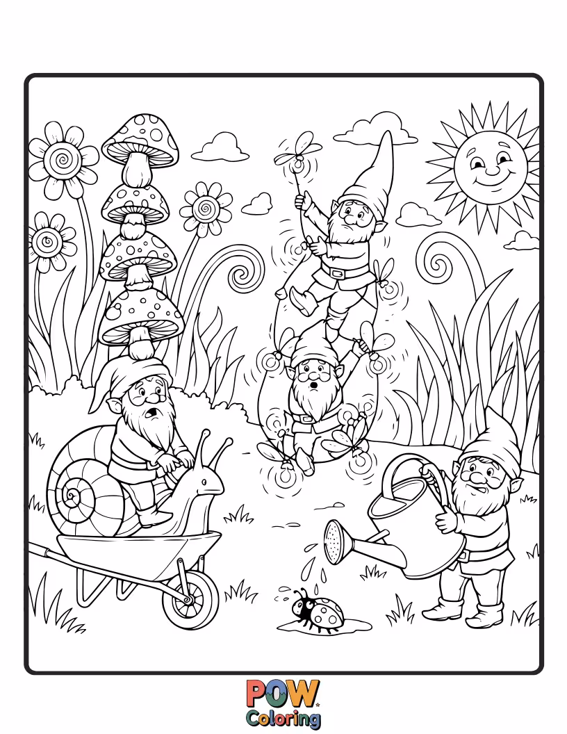 Free coloring page of Cheeky garden gnomes caught in funny poses, tripping over roots, juggling watering cans, or peeking from behind bushes.