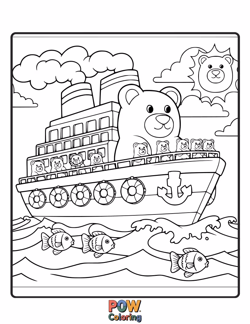 Free coloring page of A vibrant and chewy cruise ship made entirely of colorful gummy bears, offering a sweet journey on a licorice sea.