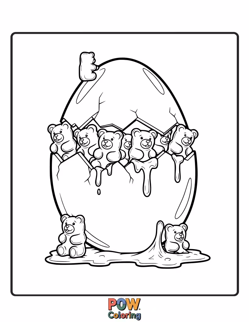 Free coloring page of An egg designed with a glossy, slightly transparent look, as if it were made of delicious gummy candy.