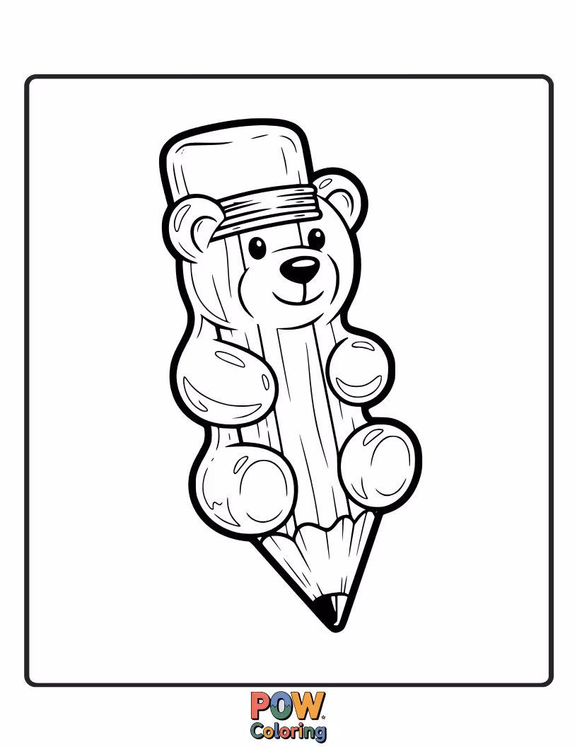 Free coloring page of A sweet and squishy pencil made of colorful gummy bears, offering a delightful and tasty artistic adventure.