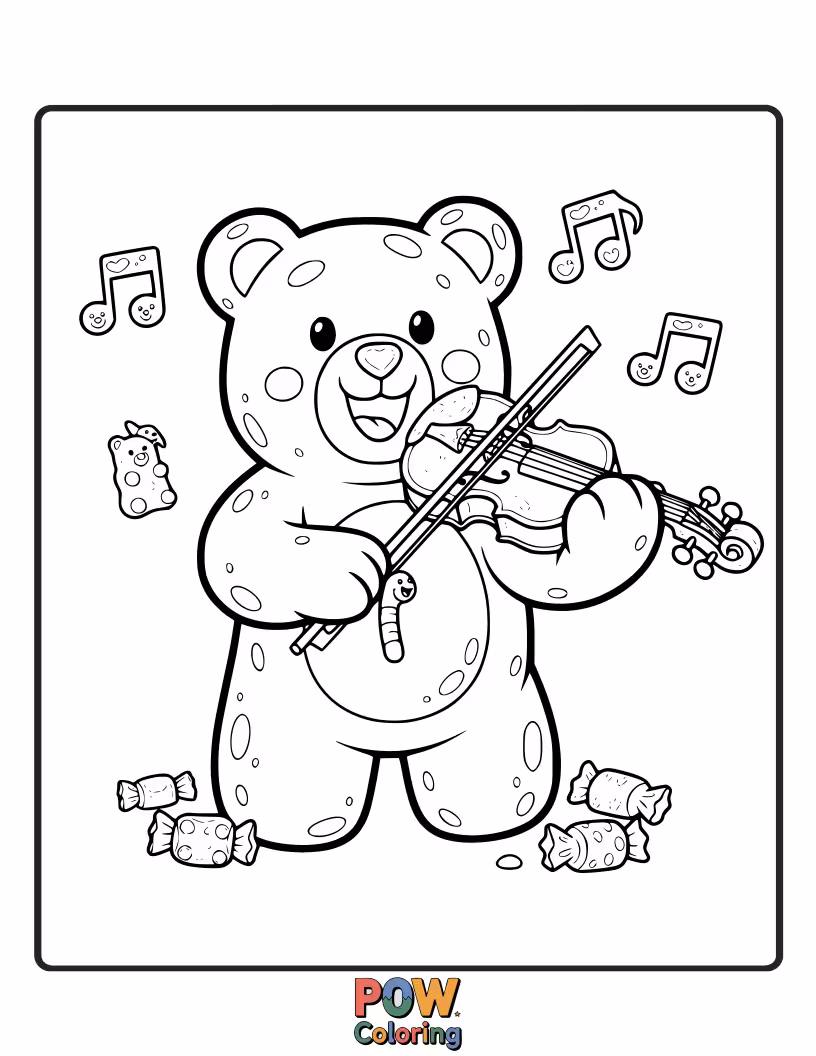 Free coloring page of A group of colorful gummy bears gleefully play a lively tune on oversized violins.