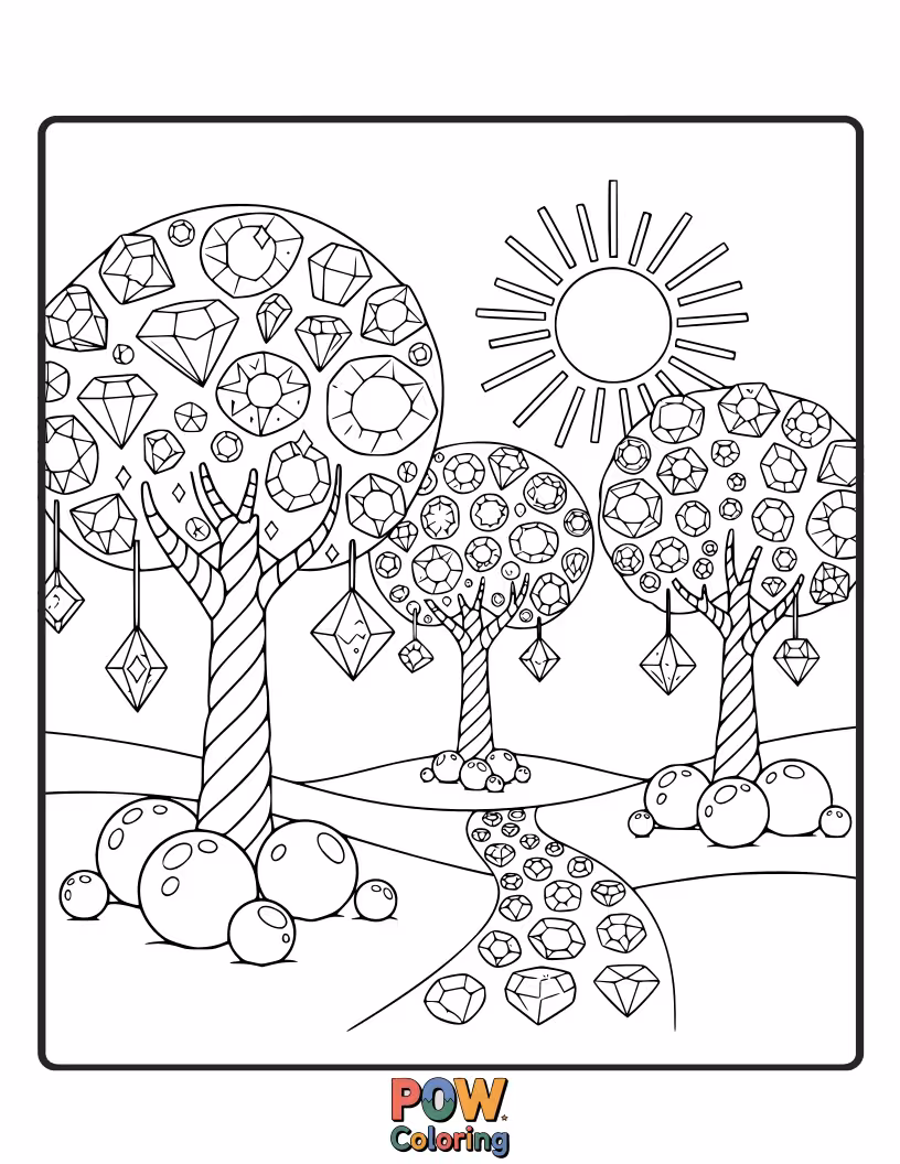 Free coloring page of Trees whose fruits are depicted as shiny, colorful gummy gems, sparkling with sweetness.