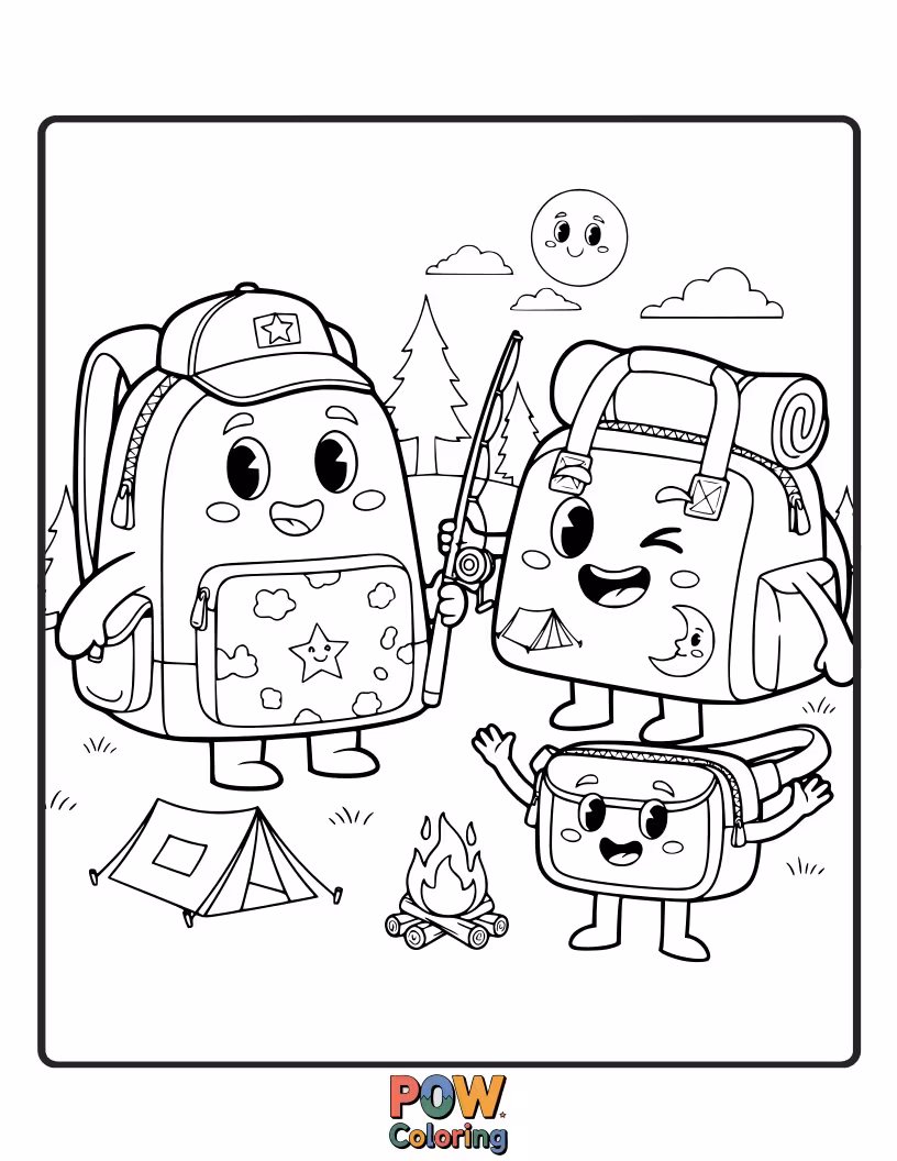 Free coloring page of Adventurous bags designed for the great outdoors, featuring tents, trees, and campfire elements for nature-loving artists.