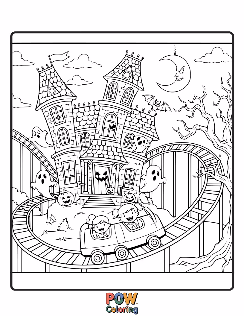 Free coloring page of Dare to ride this spooky yet cute roller coaster through a friendly haunted mansion, with friendly ghosts and bats.