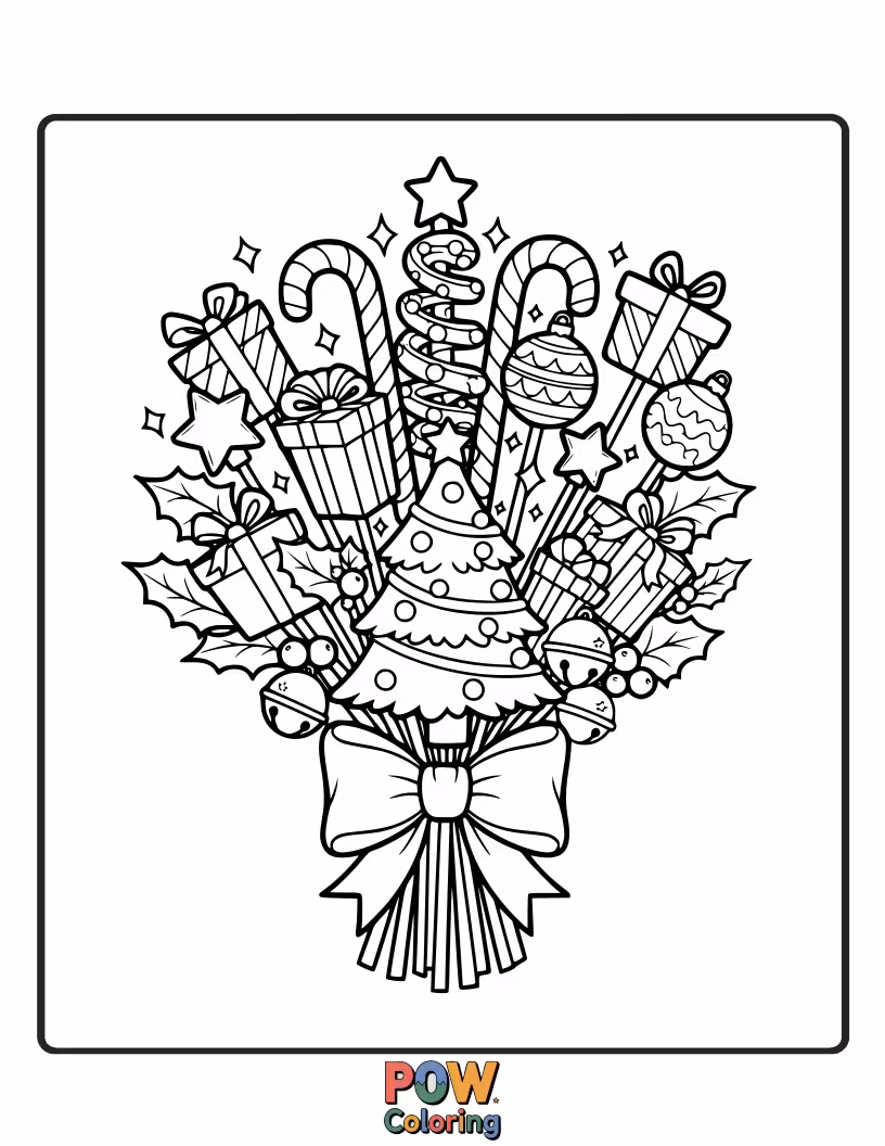 Free coloring page of Festive flowers and holiday symbols create a joyous and celebratory bouquet.