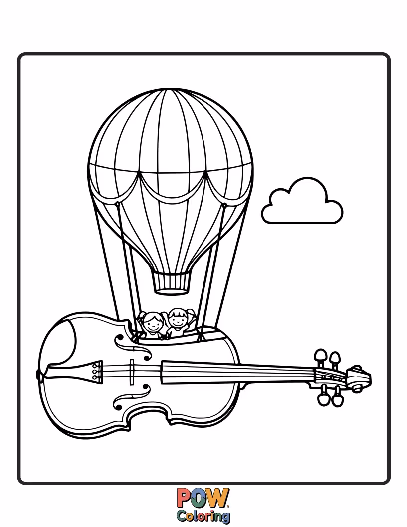 Free coloring page of A whimsical hot air balloon is shaped like a violin, soaring through the sky.