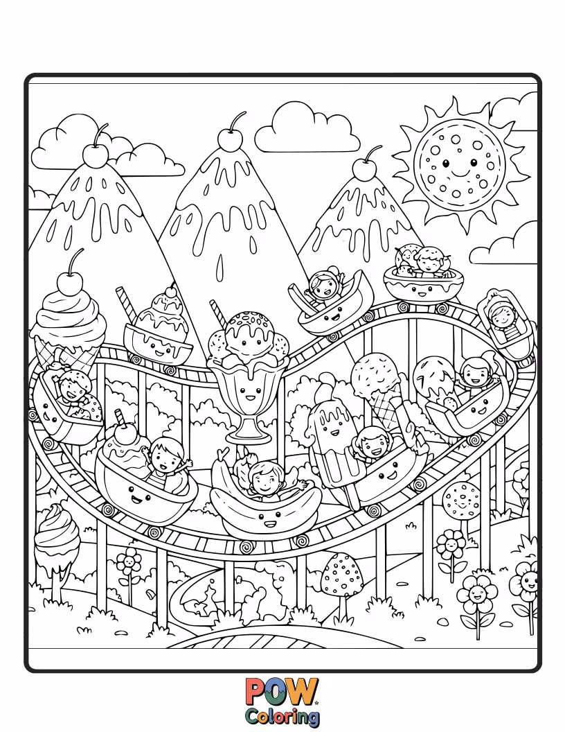Free coloring page of Indulge your artistic sweet tooth with this delicious roller coaster made of ice cream cones and swirls.
