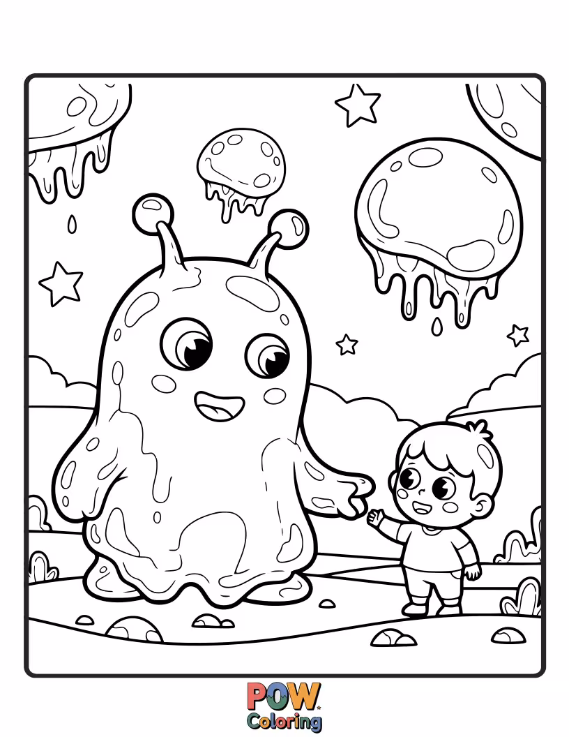Free coloring page of A friendly alien made of wobbly jelly, waving hello to a group of colorful jelly planets.