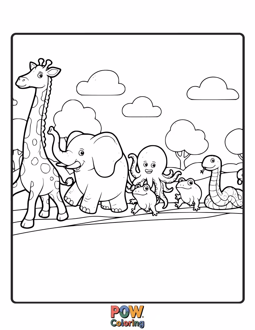 Free coloring page of A parade of cute animals, from lions to elephants, all cleverly sculpted from vibrant, jiggly jelly.