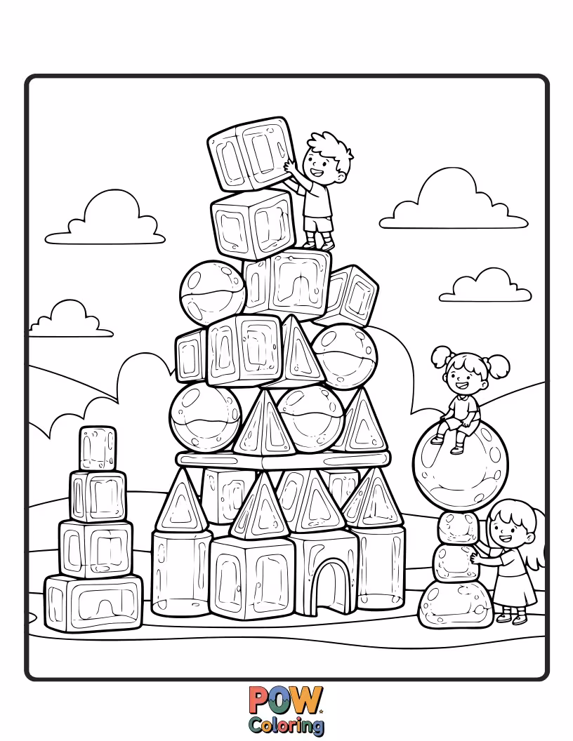 Free coloring page of Cute, wobbly jelly building blocks stacked in playful towers.