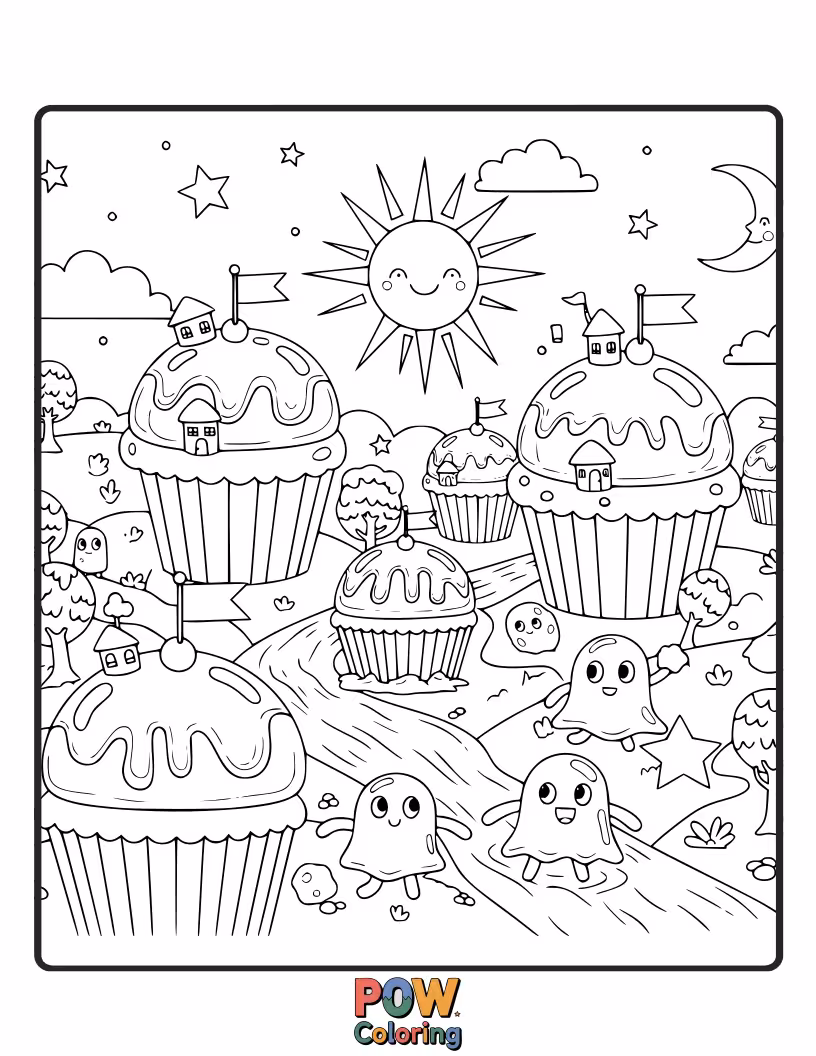 Free coloring page of A whimsical land where houses and trees are made of giant, decorated jelly cupcakes.