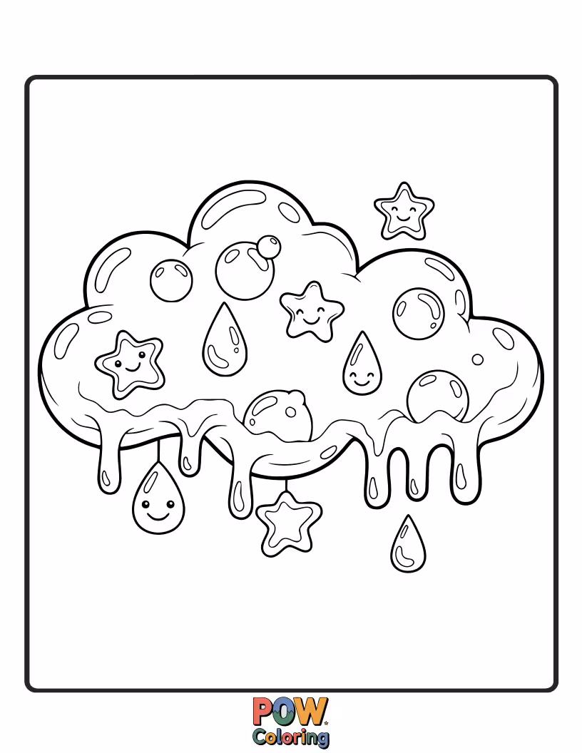 Free coloring page of Drift on a fluffy cloud made of jiggly jelly, with playful sprinkles and a rainbow arch.