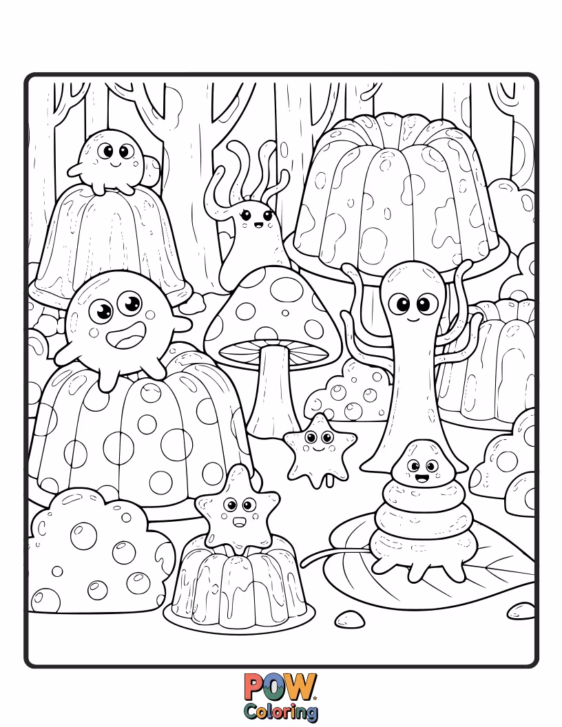 Free coloring page of Adorable woodland creatures like bunnies and squirrels with furry jelly textures, frolicking in a mossy forest.