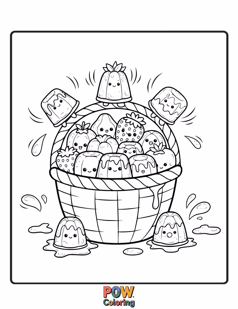 Free coloring page of A overflowing basket filled with beautifully sculpted jelly fruits – apples, grapes, and berries.