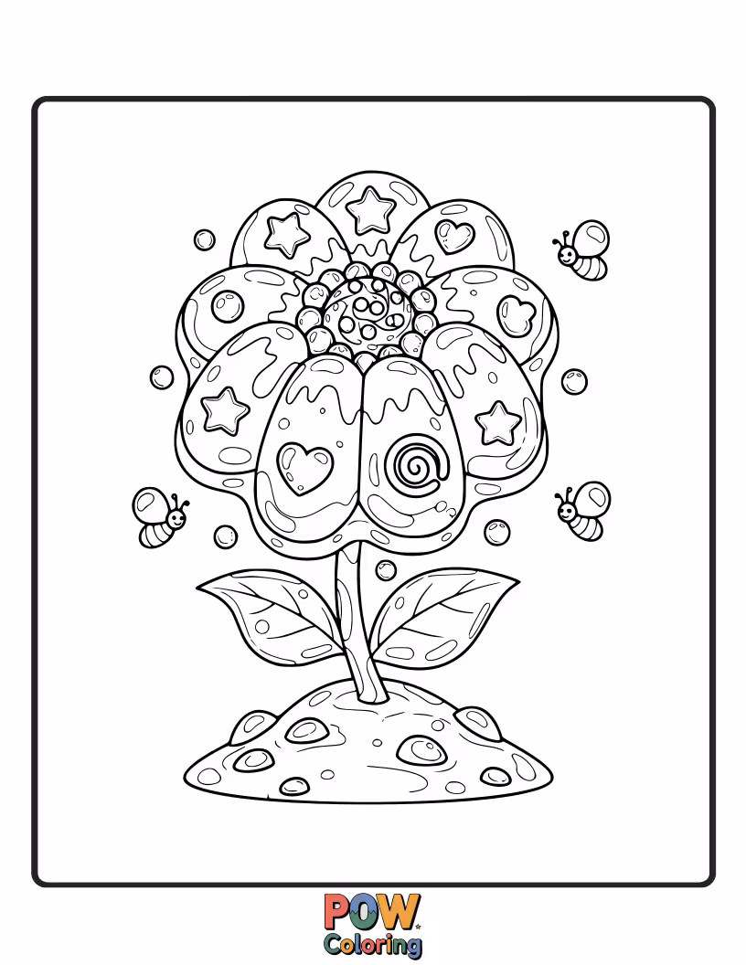Free coloring page of Imagine a garden where flowers and fruits are made of delicious jelly.
