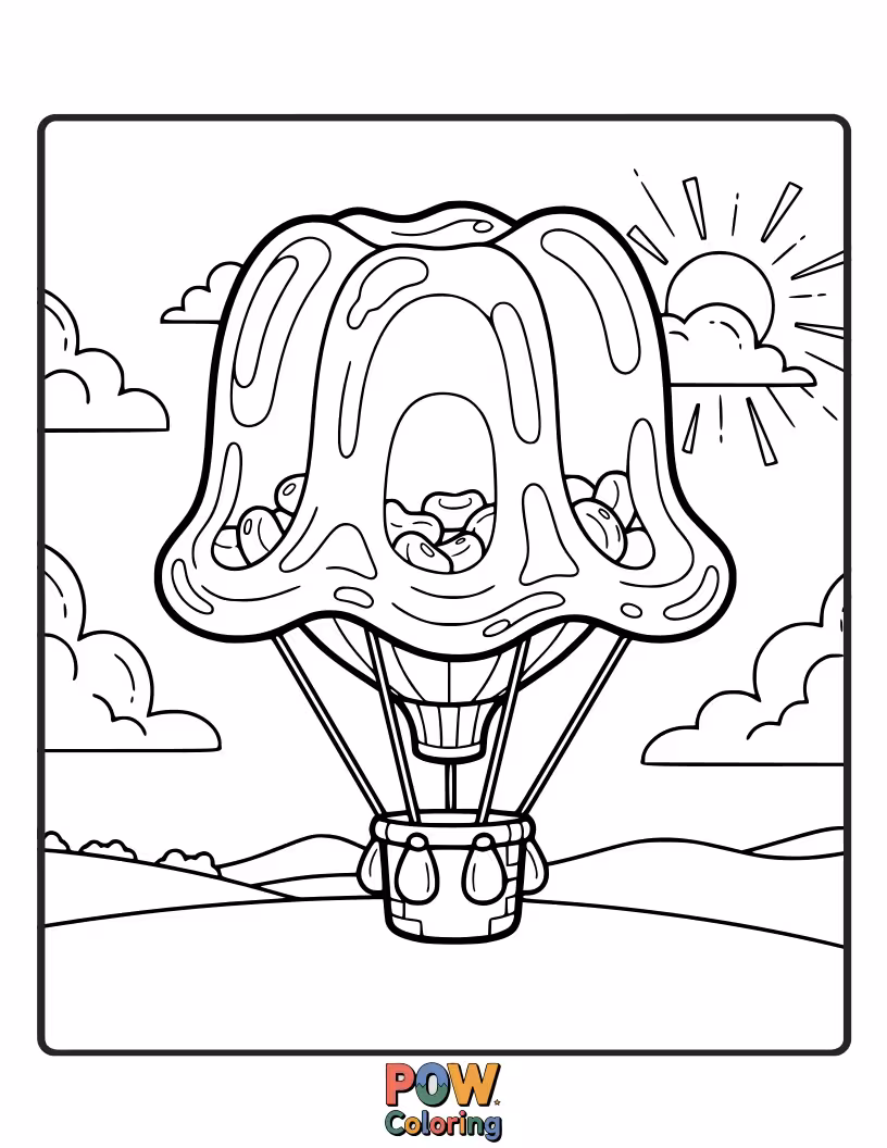 Free coloring page of A whimsical hot air balloon made of translucent jelly, floating above a landscape of jelly treats.