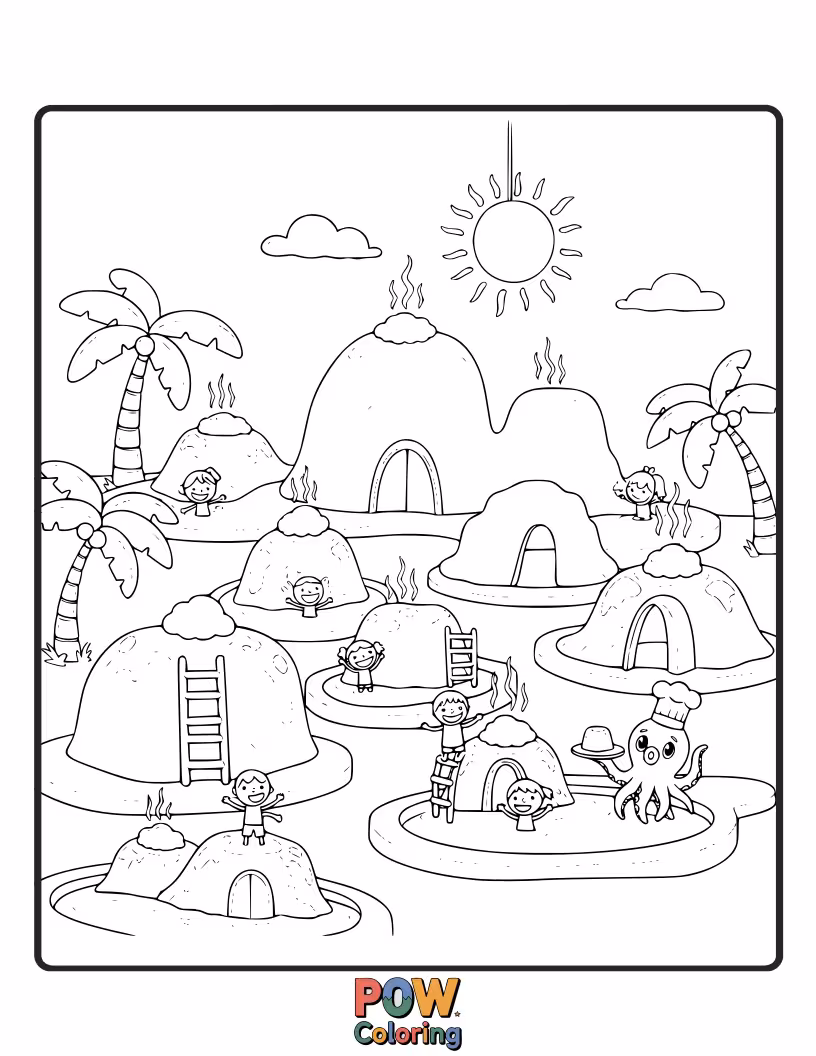 Free coloring page of Relaxing pools of warm, colored jelly with tiny jelly creatures soaking and enjoying the sweet, steamy atmosphere.