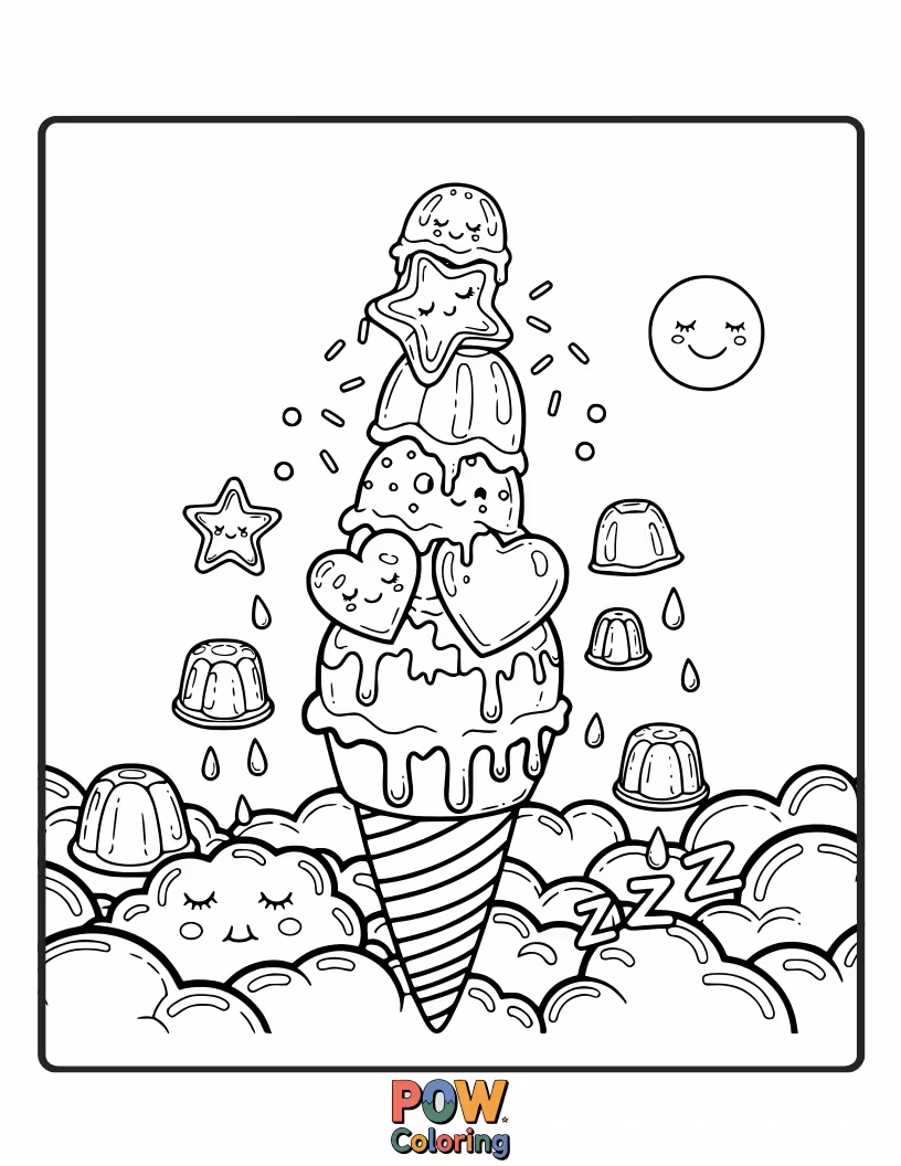 Free coloring page of Giant scoops of jelly ice cream piled high, topped with sprinkles and cherry jelly.
