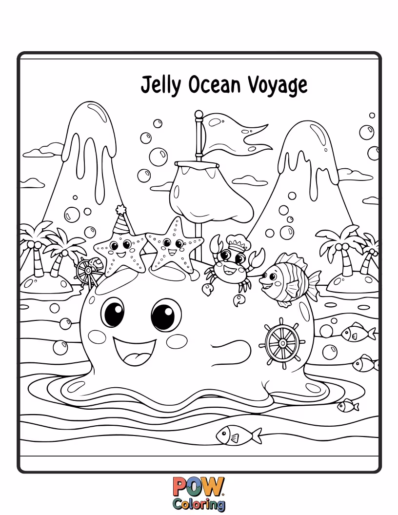 Free coloring page of A charming boat sailing on waves of blue jelly, with playful dolphins made of shimmering jelly leaping.
