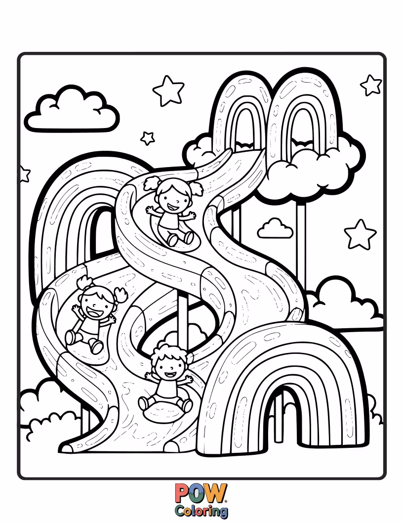 Free coloring page of Kids sliding down a giant, wobbly rainbow made of jelly.