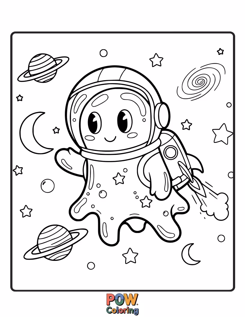 Free coloring page of An astronaut in a jelly-themed spacesuit exploring a planet made of swirling, flavored jelly.