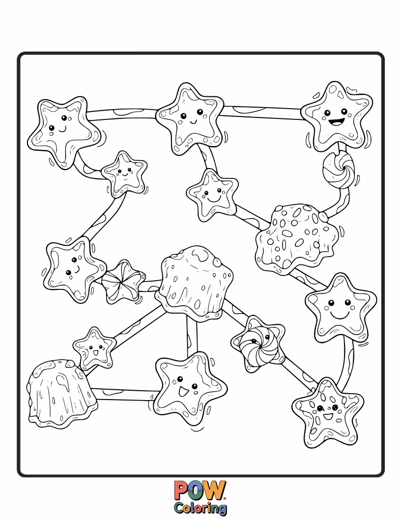 Free coloring page of Glistening jelly stars arranged into familiar constellations, creating a magical night sky.