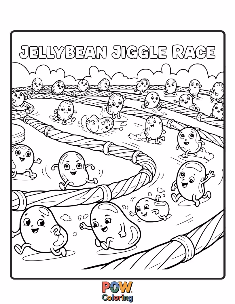 Free coloring page of Jellybeans of all colors are wobbling and jiggling their way across a finish line in a sweet race.