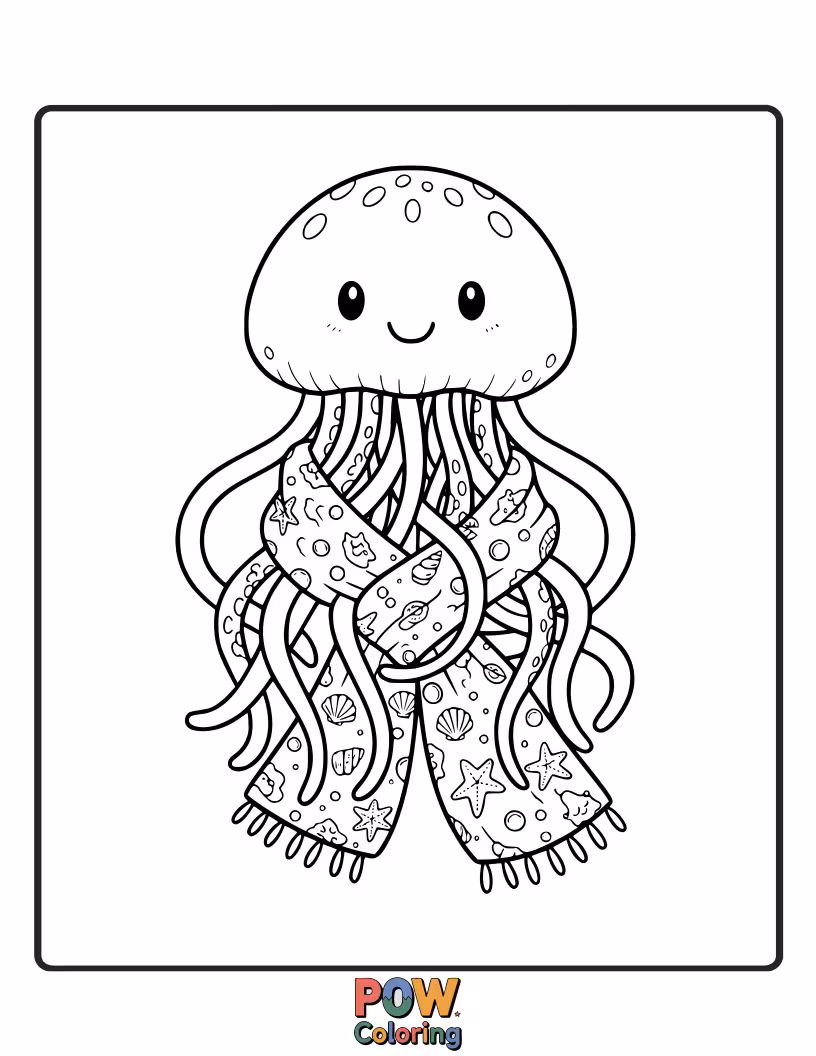 Free coloring page of A whimsical scarf shaped like flowing jellyfish tentacles, with smiling sea creatures. Explore the underwater world.
