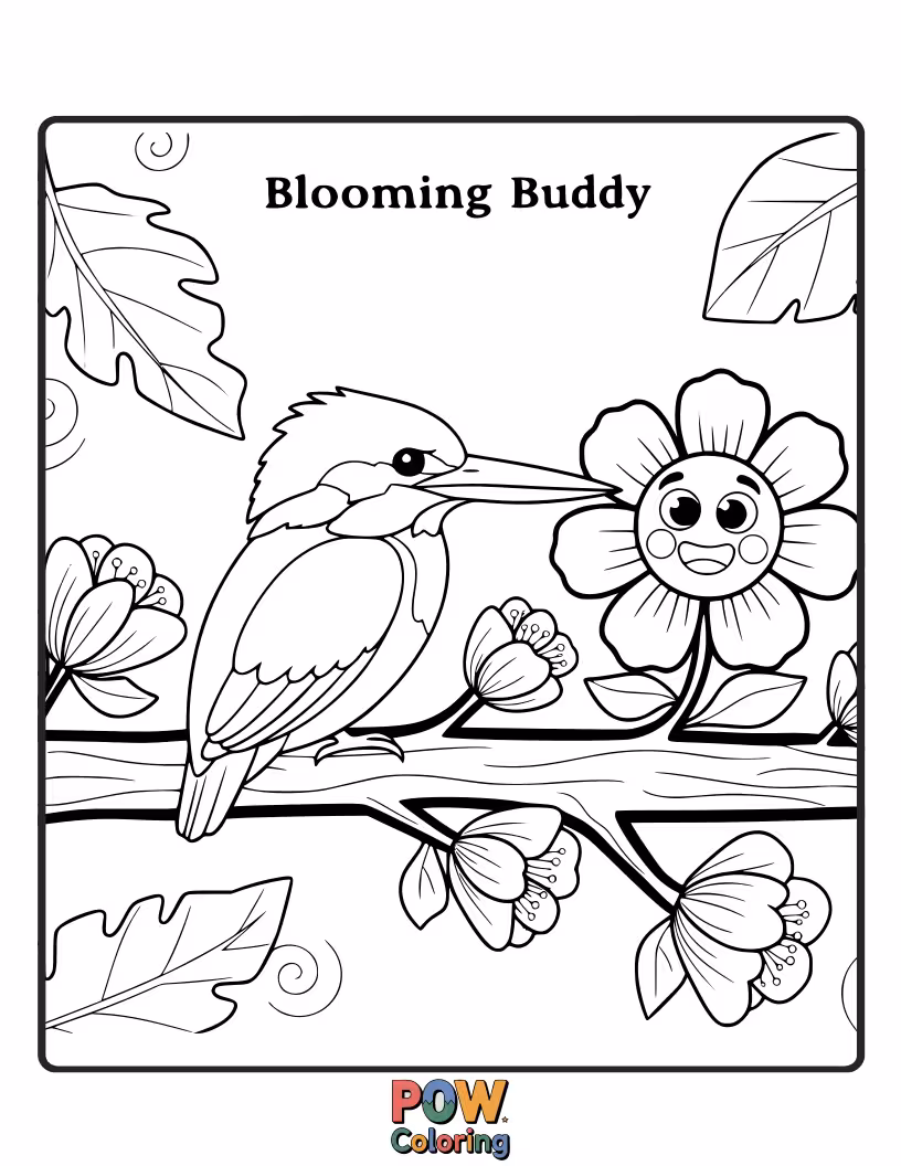 Free coloring page of A sweet KingFisher perched on a giant, stylized flower, its colors blending beautifully with the petals.