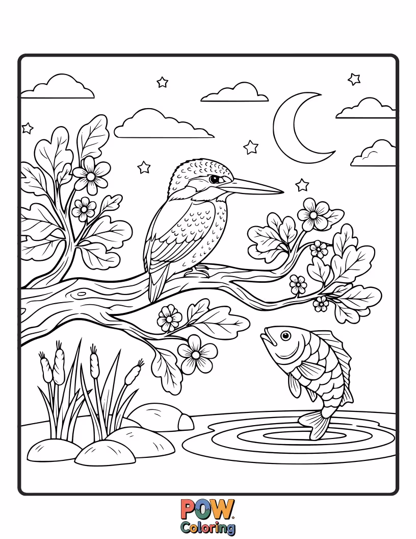 Free coloring page of A serene KingFisher perched on a single, delicate reed, lost in a peaceful, colorful daydream.