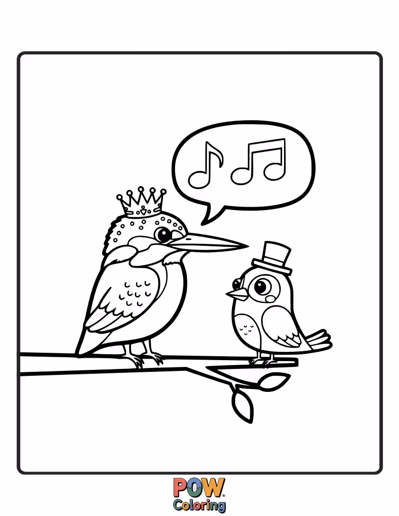 Free coloring page of A friendly KingFisher sharing a moment with a tiny ladybug perched gently on its beak.