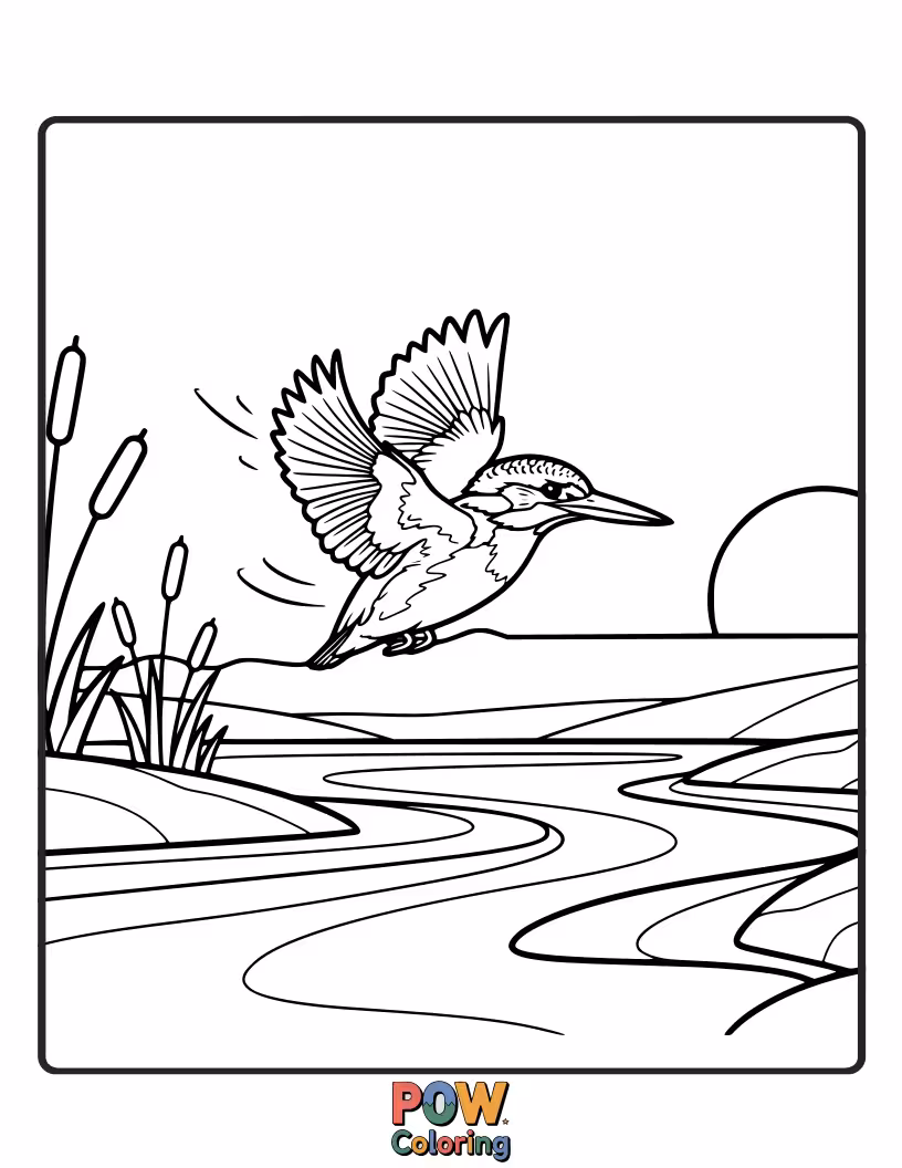 Free coloring page of A graceful KingFisher in a gentle, effortless glide over a simple, wavy water surface.