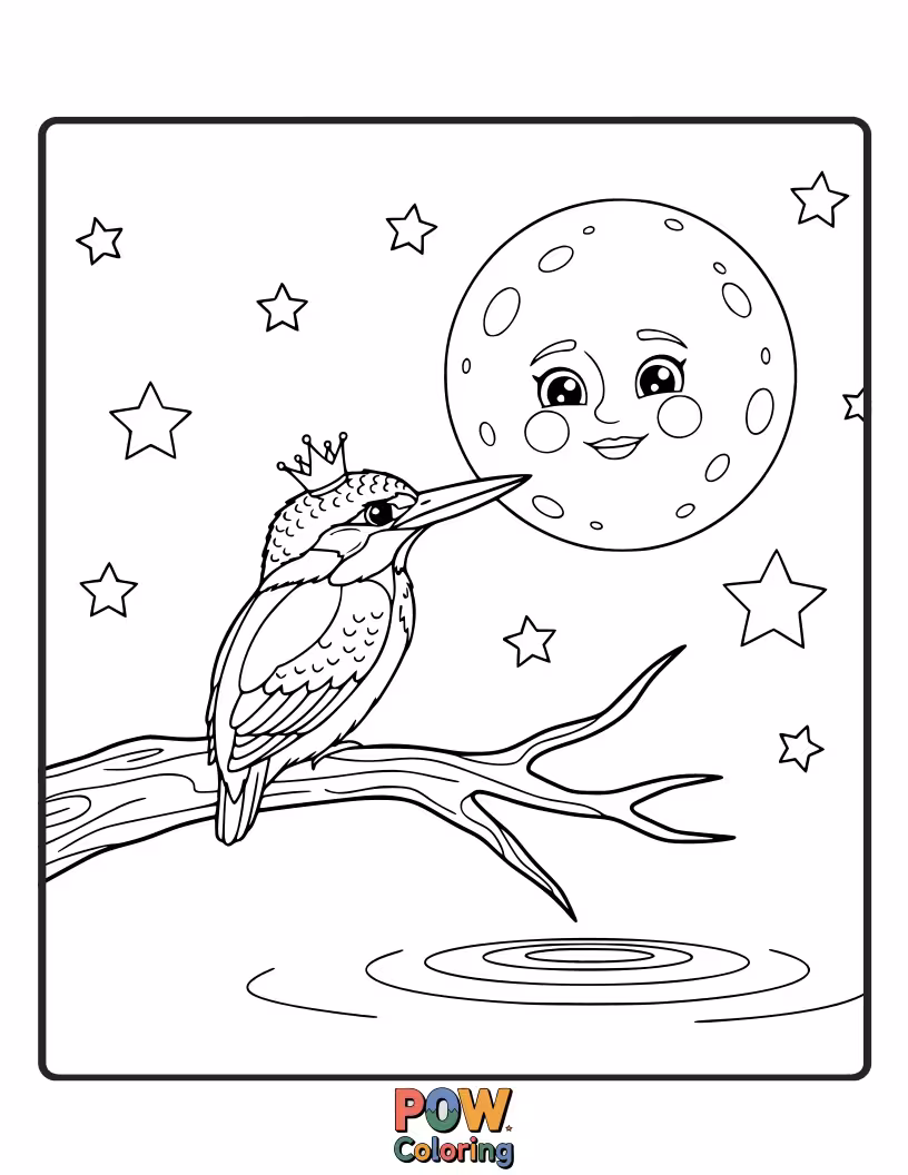 Free coloring page of A mystical KingFisher perched on a lily pad, its reflection shimmering under a gentle moon.