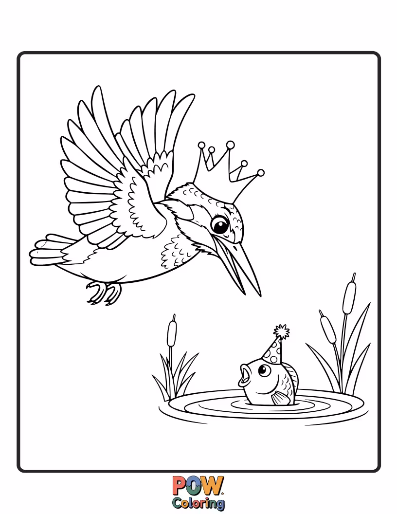 Free coloring page of A cute KingFisher in a dynamic, playful pounce towards an unseen, fun target in the water.
