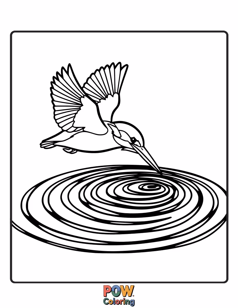 Free coloring page of A vibrant KingFisher diving into water that creates a beautiful, simple rainbow ripple effect.