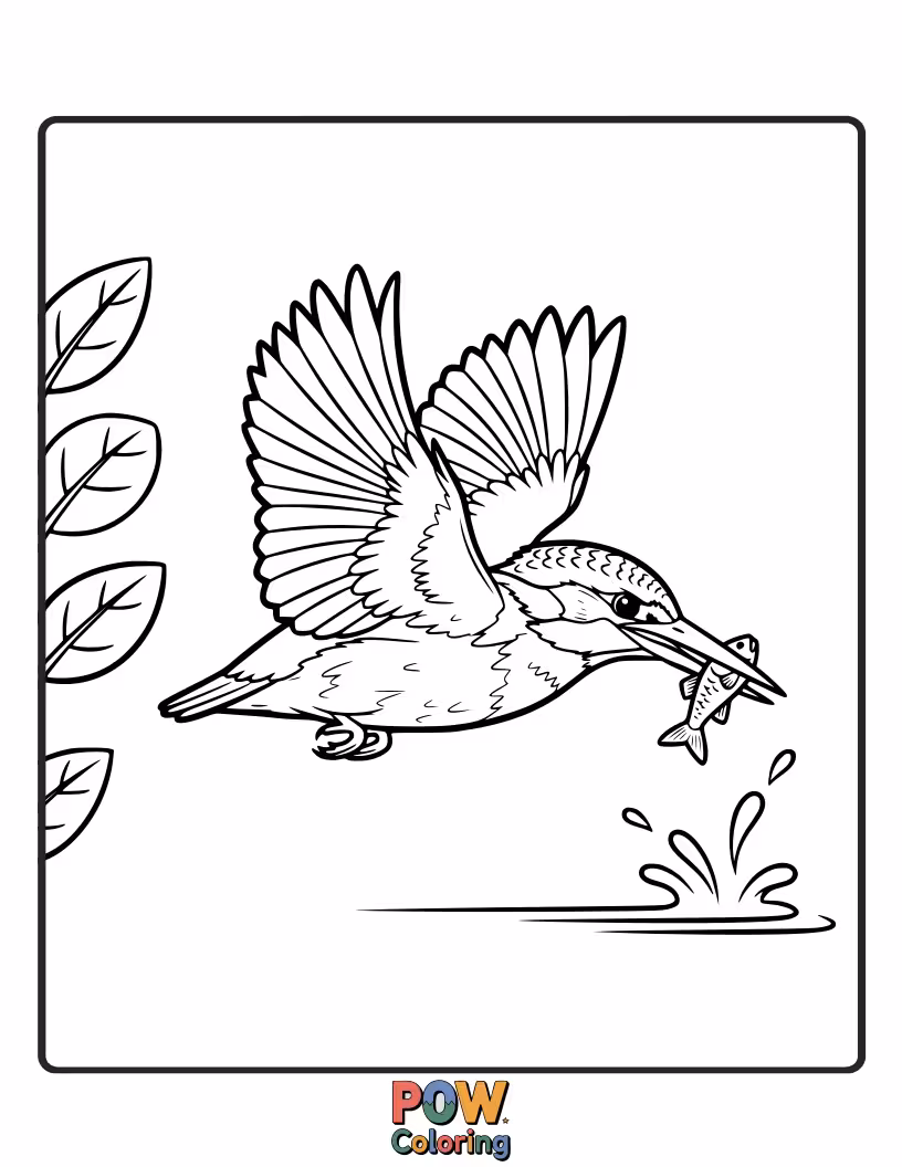 Free coloring page of An action-packed KingFisher in a sharp, graceful swoop over a calm body of water.