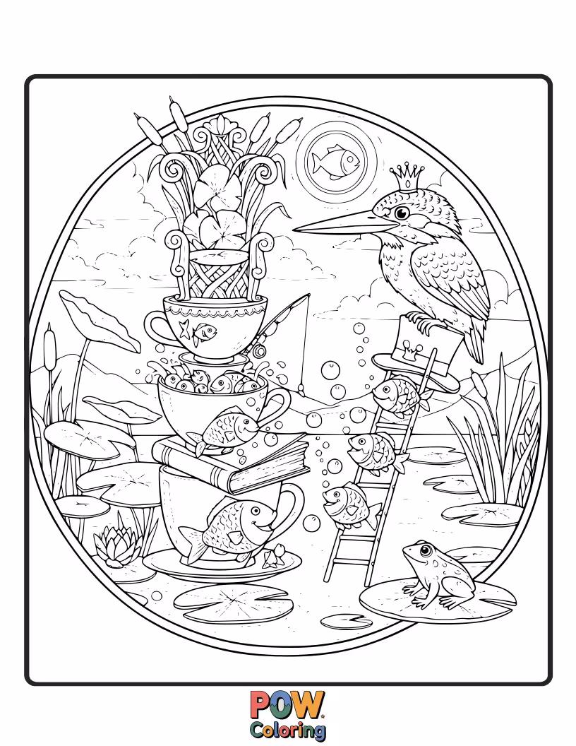 Free coloring page of A whimsical KingFisher perched atop an oversized mushroom, looking like it's about to tell a story.