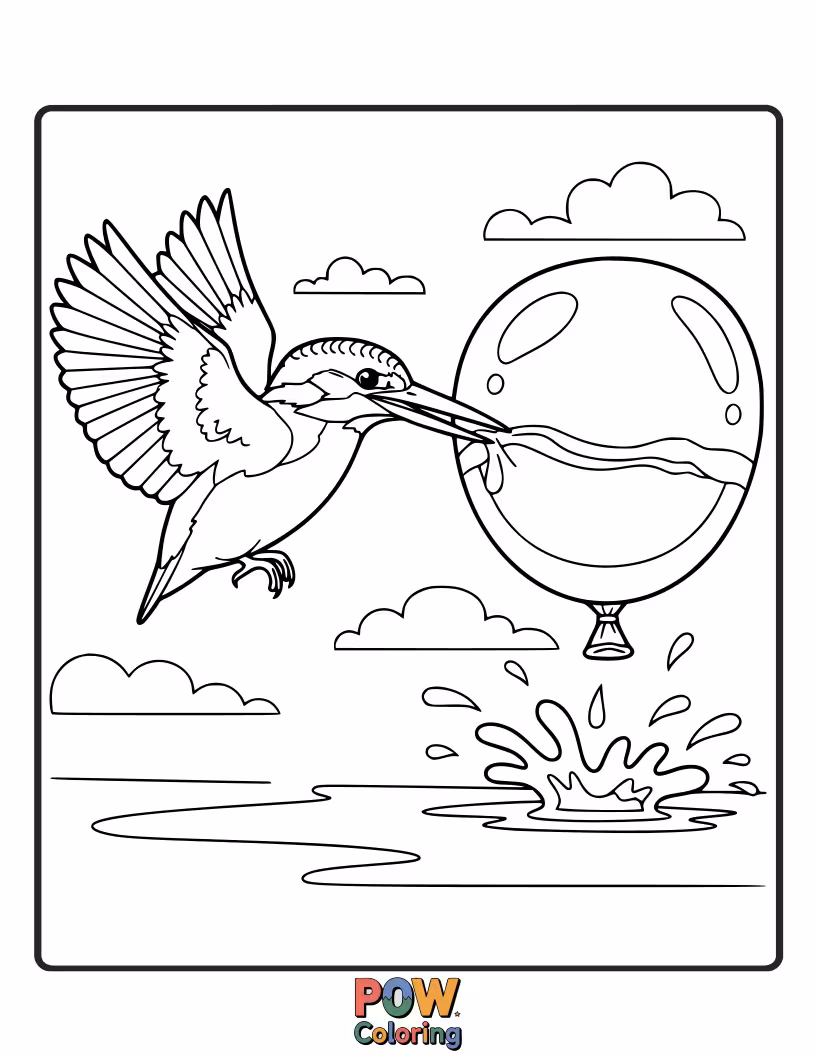 Free coloring page of A funny KingFisher playfully batting at a large, stylized water balloon with its beak.