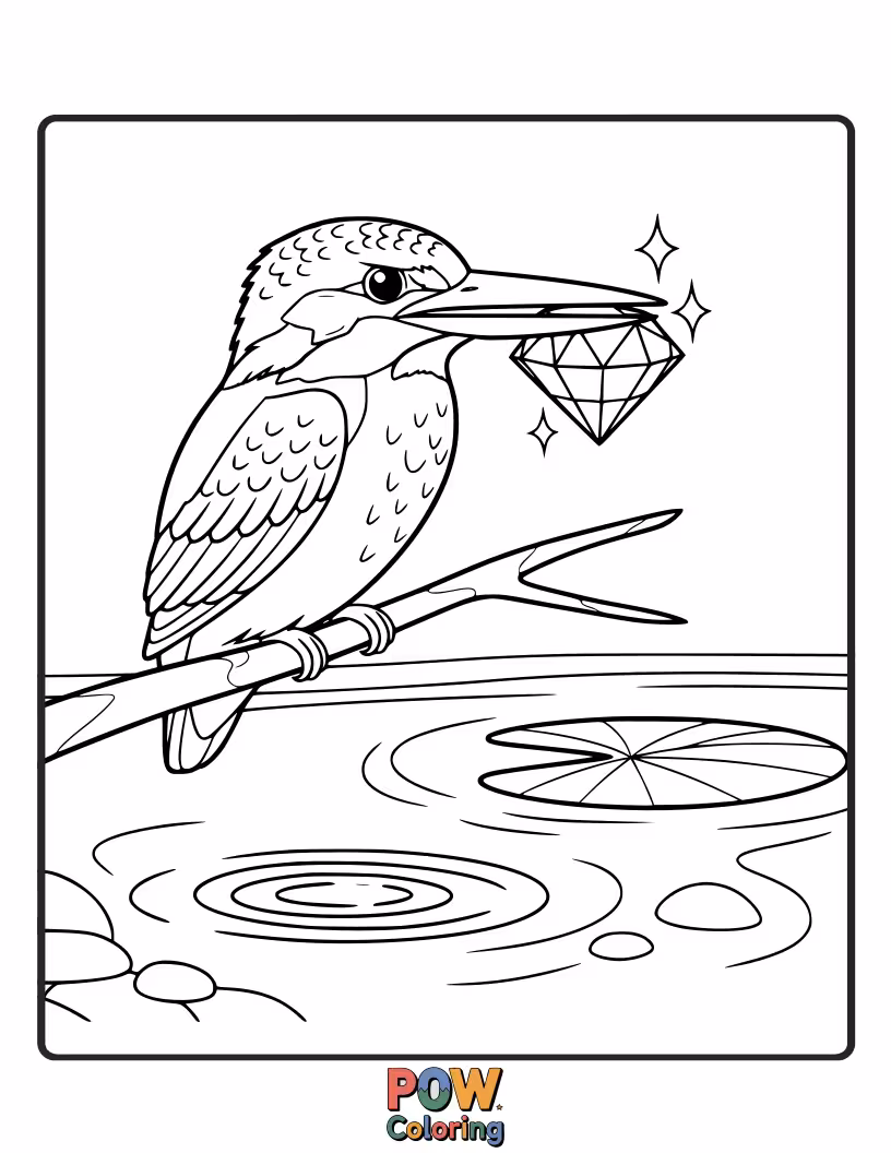Free coloring page of A stunning KingFisher with water droplets clinging to its feathers, resembling tiny, sparkling jewels.