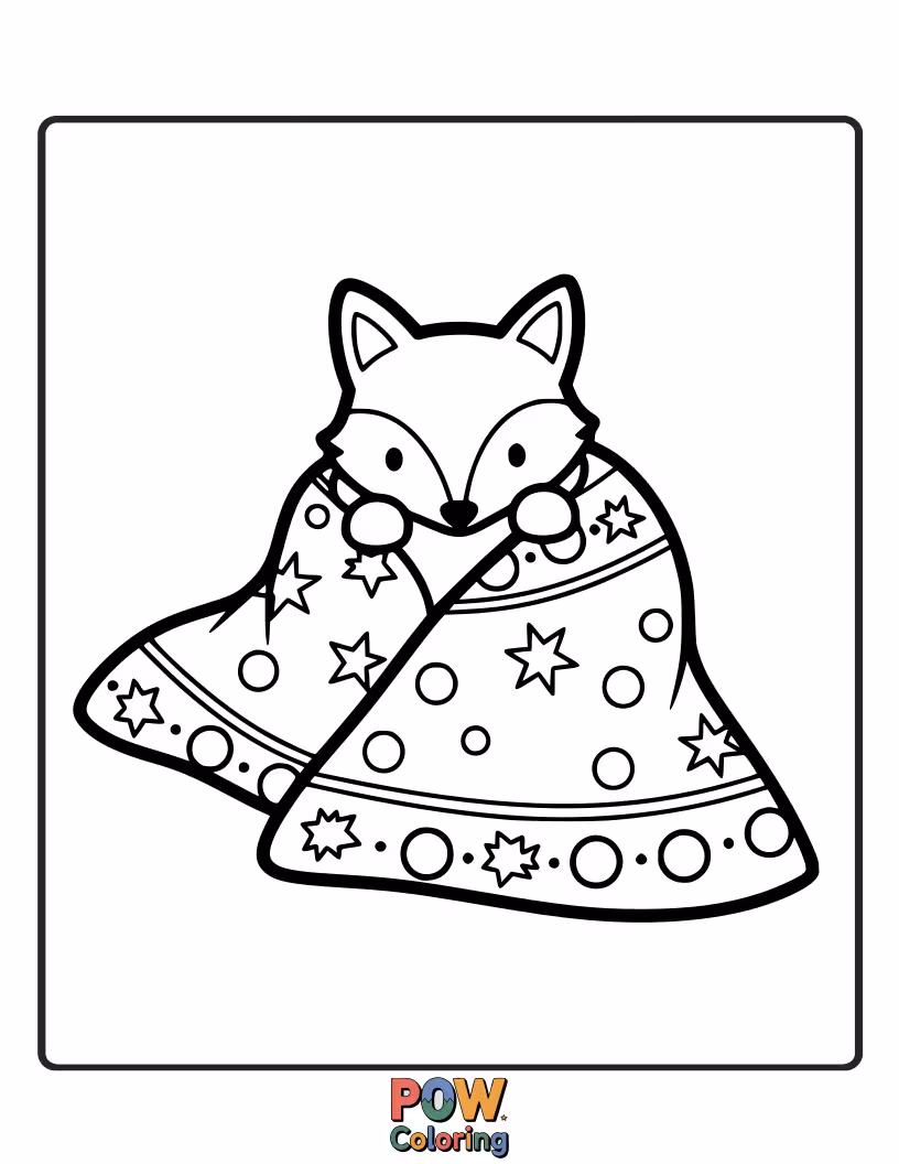 Free coloring page of A cute, curled-up fox snuggled under a patchwork blanket.