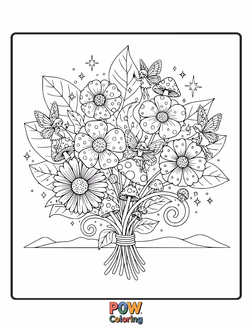 Free coloring page of Glimmering flowers, dewdrop jewels, and tiny fairy wings create this enchanted bouquet.